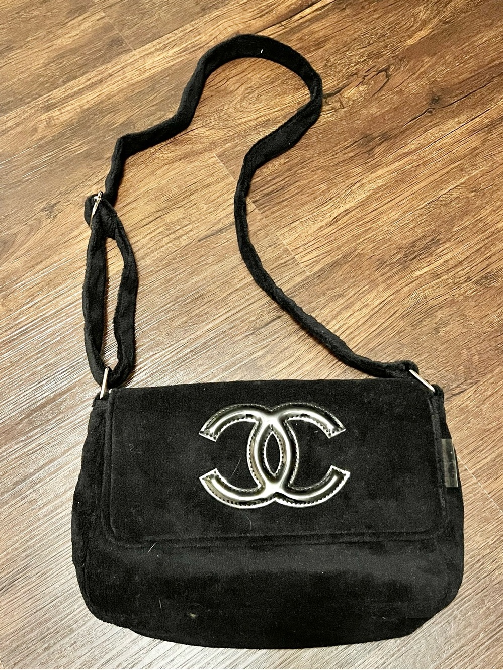 CHANEL Black Suede Crossbody with Silver CC Emblem